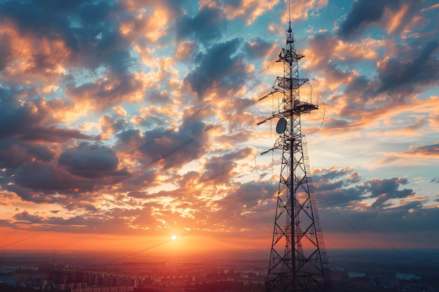 Tour debout au milieu du coucher du soleil IA générative