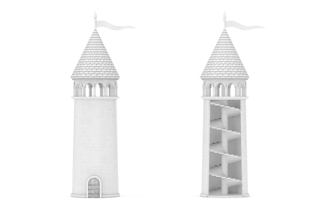 Tour du château fantastique blanc à l'intérieur de l'échelle sur un fond blanc. Rendu 3D