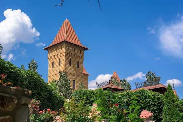 La tour du château moderne sur ciel bleu