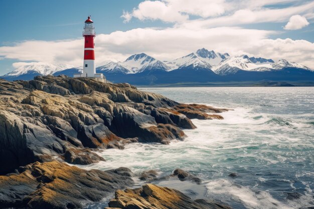 La tour du phare de la fin du monde sur la côte argentine de la côte blanche du canal Beagle à Ushuaia