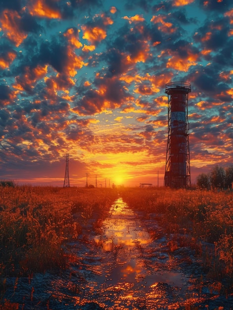 Tour d'eau abandonnée dans le champ au coucher du soleil