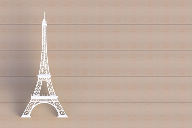 Tour Eiffel blanche sur planche de bois, rendu 3D