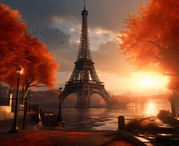 la tour Eiffel cinématographique est vue au coucher du soleil en automne