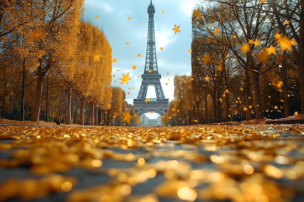 La tour Eiffel entourée de feuilles d'or