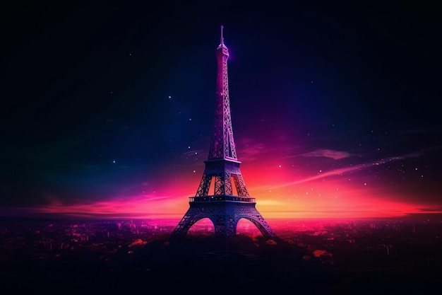 La tour Eiffel est illuminée de lumières violettes.