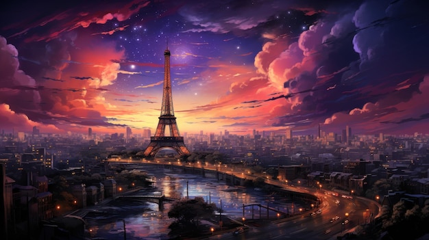 La tour Eiffel futuriste dans le paysage urbain d'améthyste couverte d'IA générative