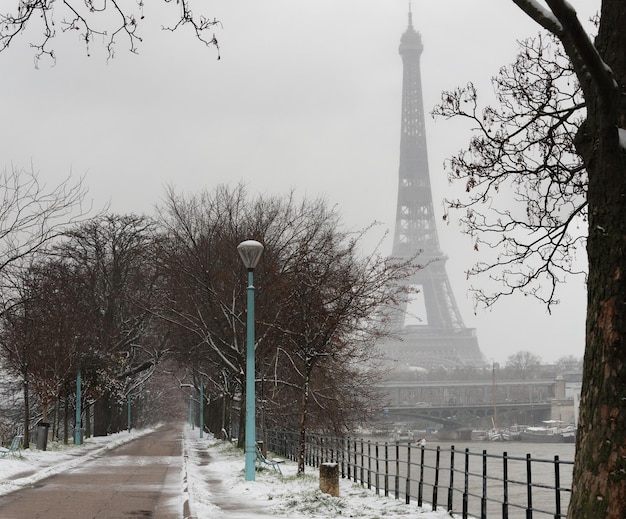 La tour Eiffel noire et blanche avec des arbres nus en hiver Paris France
