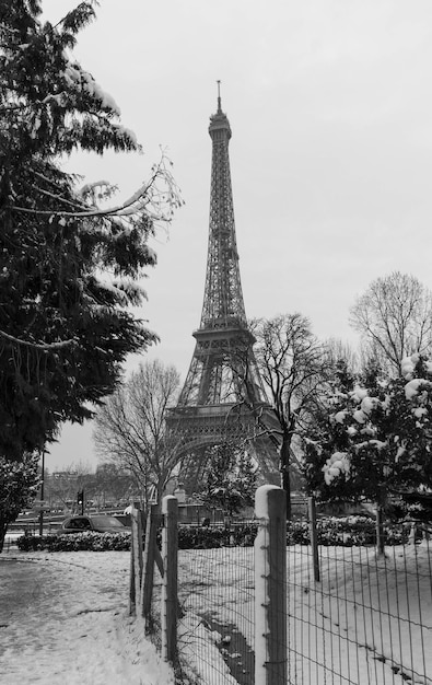 La tour Eiffel noire et blanche d'un jardin avec des arbres nus en hiver Paris France