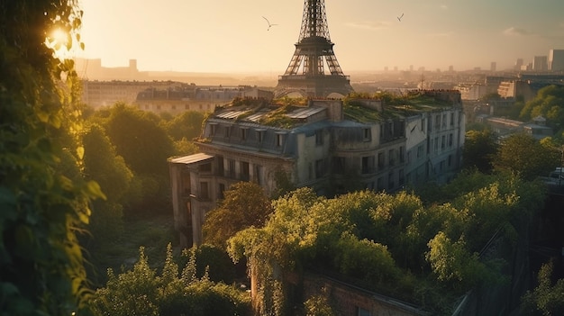 La tour Eiffel à Paris avec le soleil qui se couche derrière elle