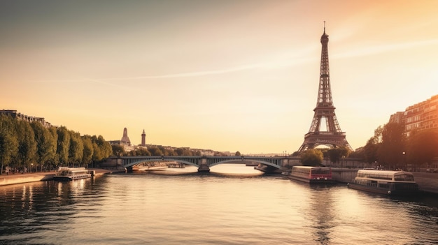 Tour Eiffel sur une rivière avec un coucher de soleil en arrière-plan