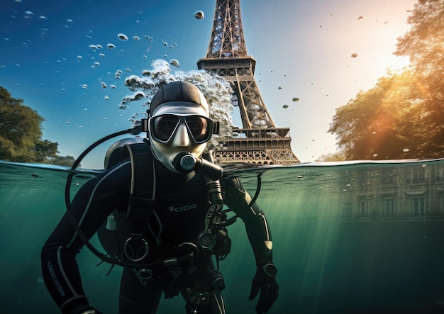 La Tour Eiffel sous l'eau, image symbolique de la future élévation du niveau de la mer