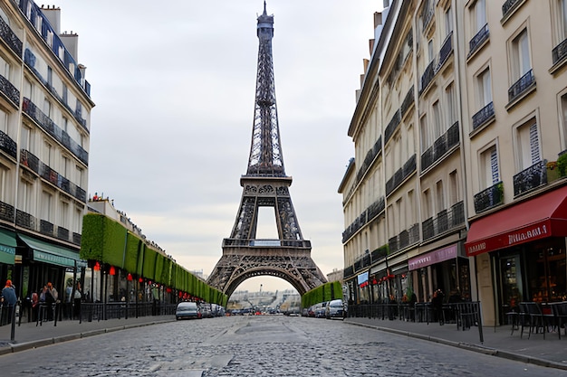 Tour Eiffel vue de la rue à Paris France Pavé