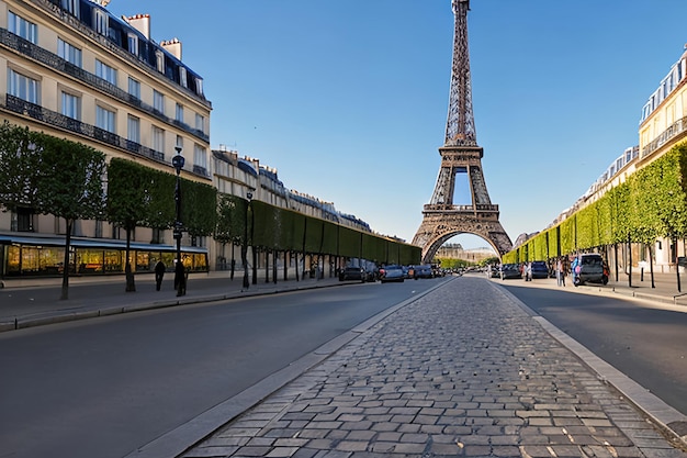 Tour Eiffel vue de la rue à Paris France Pavé