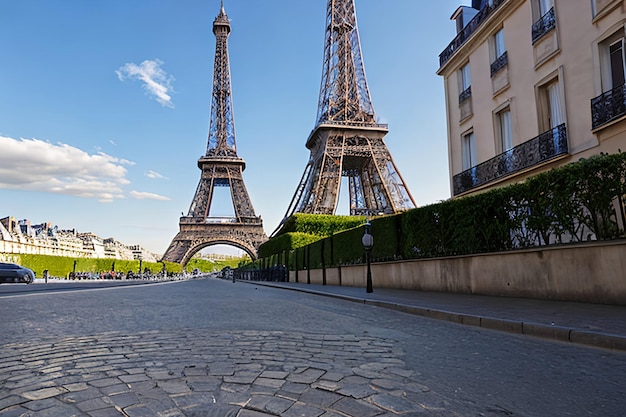 Tour Eiffel vue de la rue à Paris France Pavé