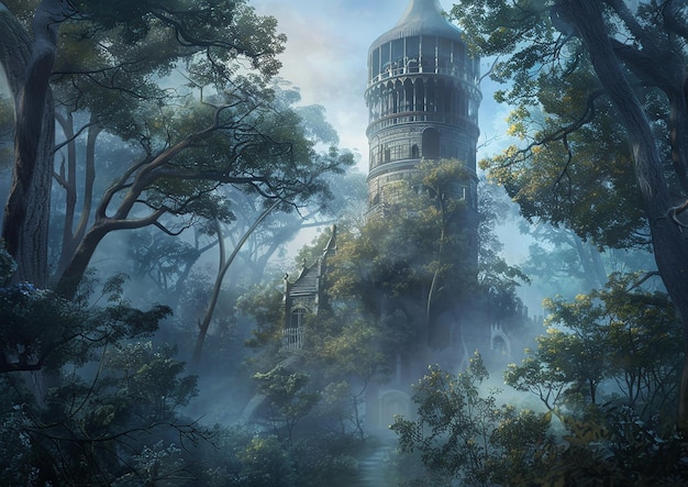 La tour énigmatique des sorciers au milieu de la brume