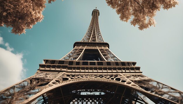 La tour est encadrée par un arbre rose.