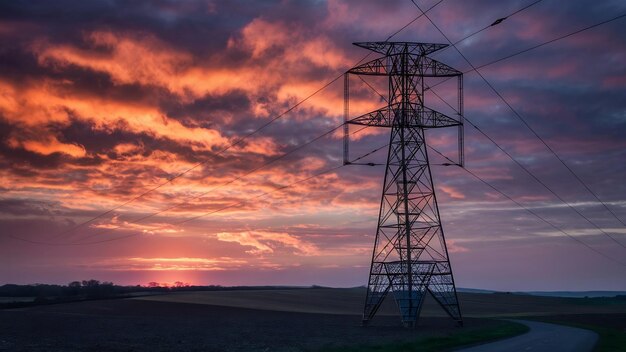 Tour de fil de haute pression au coucher du soleil au crépuscule