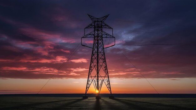 Tour de fil de haute pression au coucher du soleil au crépuscule