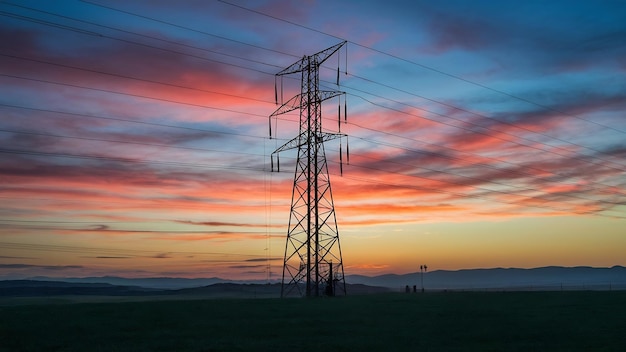 Tour de fil de haute pression au coucher du soleil au crépuscule