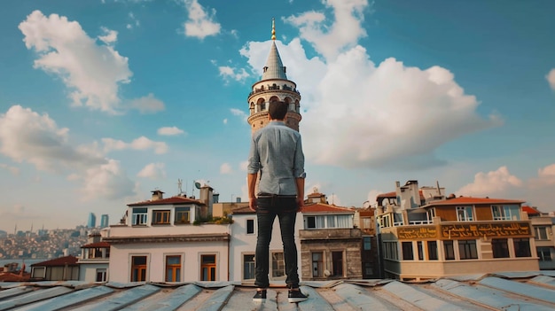 La tour de Galata derrière l'homme debout sur le toit à Istanbul