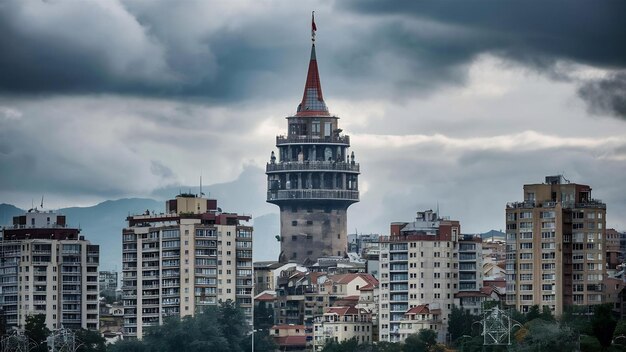 Photo la tour de galata avec des niveaux de bâtiments résidentiels devant elle par temps nuageux à istanbul, turquie