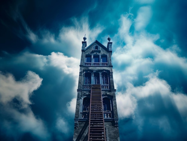 Une tour de l'horloge avec un escalier qui porte le mot "le mot".