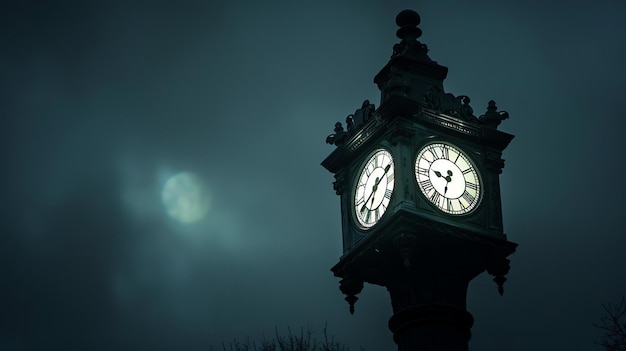 Photo une tour d'horloge se dresse au milieu d'une ville brumeuse la nuit la lune brille brillamment en arrière-plan