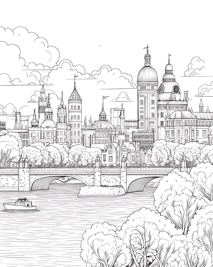 La tour de Londres et la ville de la vieille Londres Coloriage