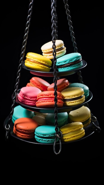 Une tour de macarons sur un fond noir IA générative