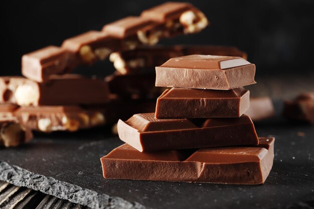 Tour de morceaux de noisettes et d'amandes, de lait et de chocolat noir sur fond sombre en gros plan