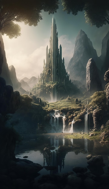 Une tour mystérieuse au centre d'une ville elfique sur une plaine dans Waterfalls Fantasy