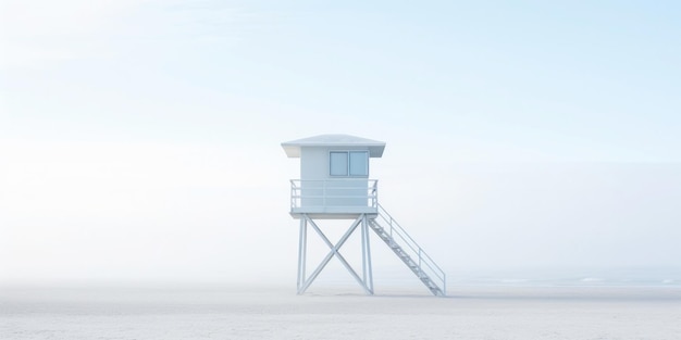 Photo tour de sauvetage dans une brume blanche sur une plage au bord de la mer paysage solitaire avec tour de guet ia générative