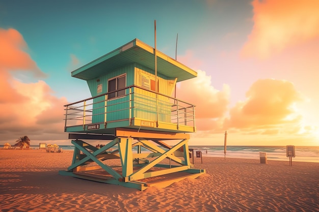 Une tour de sauveteur sur une plage au coucher du soleil