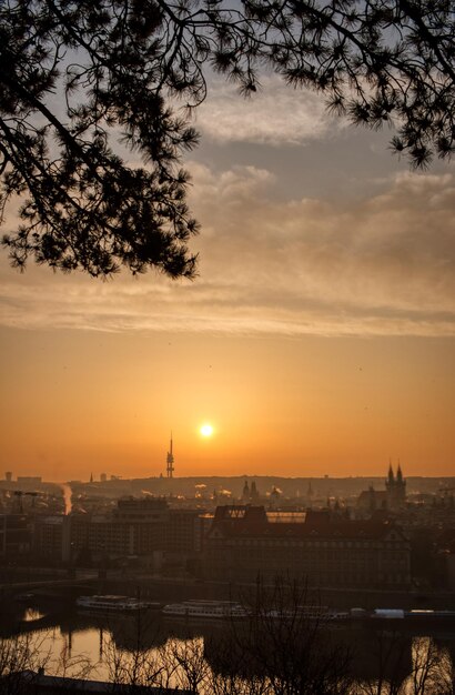 Photo la tour de télévision de prague au lever du soleil avec des toits et des oiseaux qui volent