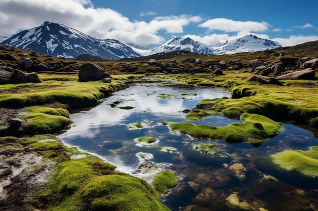 Photo des tourbières alpines sereines avec des mousses vibrantes et des bassins cristallins