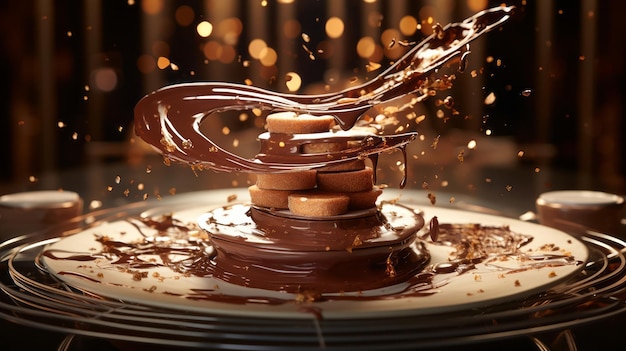 Un tourbillon de dessert congelé défiant la gravité avec des morceaux de chocolat volants et des tubes de biscuits croustillants sur un fond d'or scintillant.