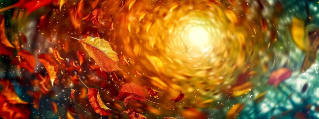 Un tourbillon dynamique de feuilles d'automne colorées sur un fond vibrant