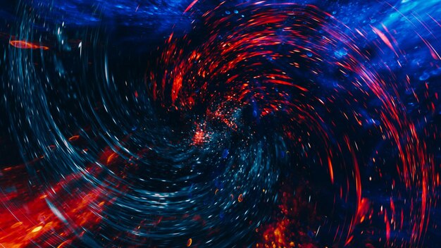 Photo des tourbillons colorés en arrière-plan, un portail temporel rouge, bleu foncé, des étincelles, une spirale d'énergie hypnotique en noir.