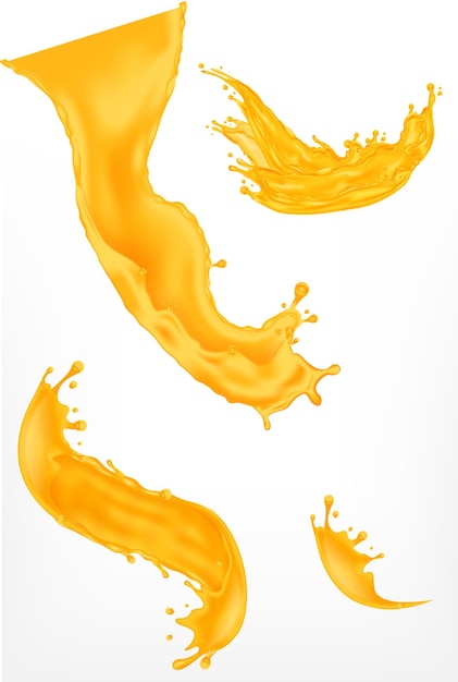 Des tourbillons de jus d'orange éclaboussés un ensemble d'illustrations vectorielles réalistes des flux de fruits rafraîchissants en mouvement