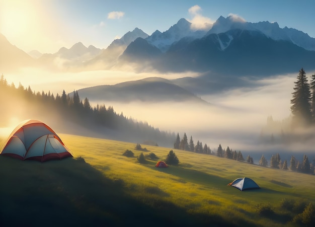 Tourisme de natureTente de camping sur le pré en hiver ai génératif