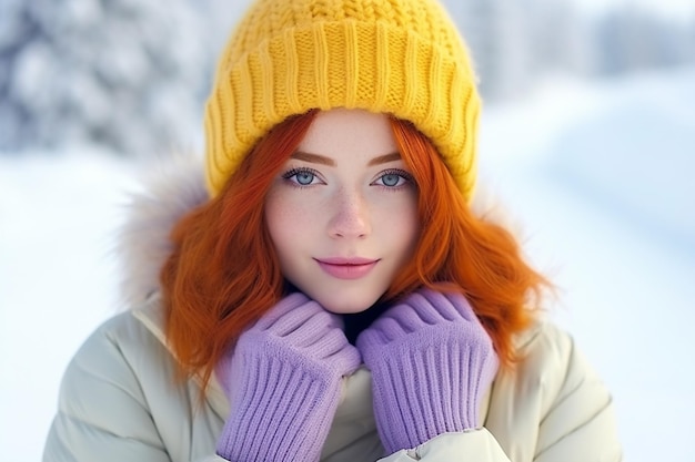 Une touriste adorable a les cheveux roux, porte un chapeau jaune, des lunettes de ski sur la tête, des mites blanches et douces.