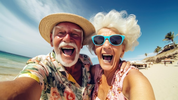 Un touriste âgé en gros plan avec un concierge qui s'amuse sur la plage.