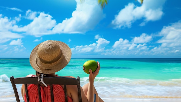 Photo une touriste allongée sur une chaise de plage profitant de la belle atmosphère de plage ia générative