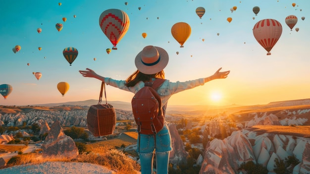 Une touriste au sommet d'une montagne apprécie la vue magnifique du lever du soleil et des ballons en Cappadoce