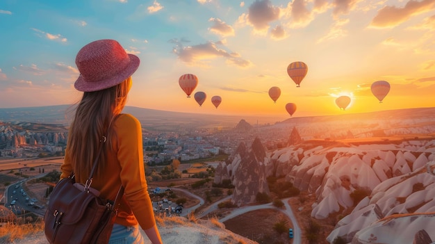 Une touriste au sommet d'une montagne apprécie la vue magnifique du lever du soleil et des ballons en Cappadoce