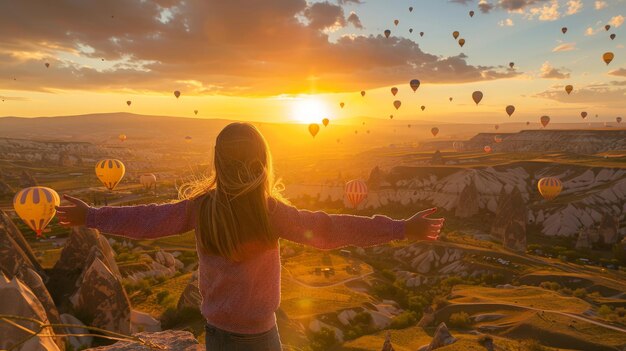 Une touriste au sommet d'une montagne apprécie la vue magnifique du lever du soleil et des ballons en Cappadoce