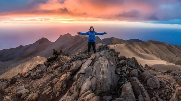 Photo touriste au sommet d'une montagne rocheuse en gran canarie, en espagne