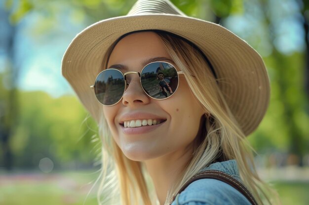 Une touriste blonde dans un parc de la ville profitant d'une journée ensoleillée de printemps