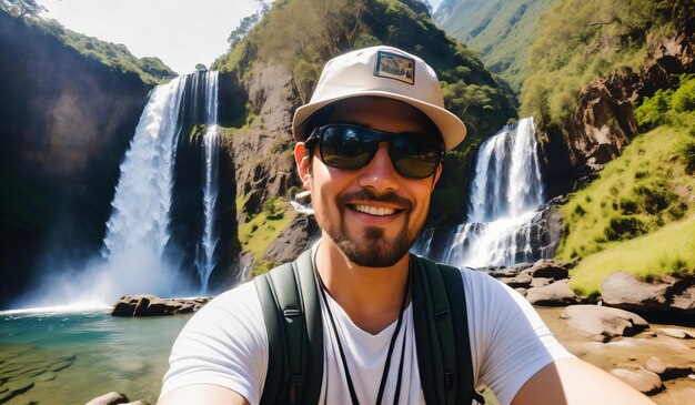 Un touriste devant une cascade.