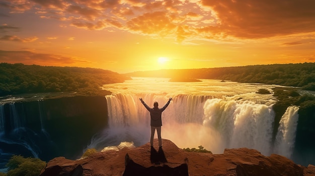 un touriste est debout, les deux mains levées, chutes du Niagara